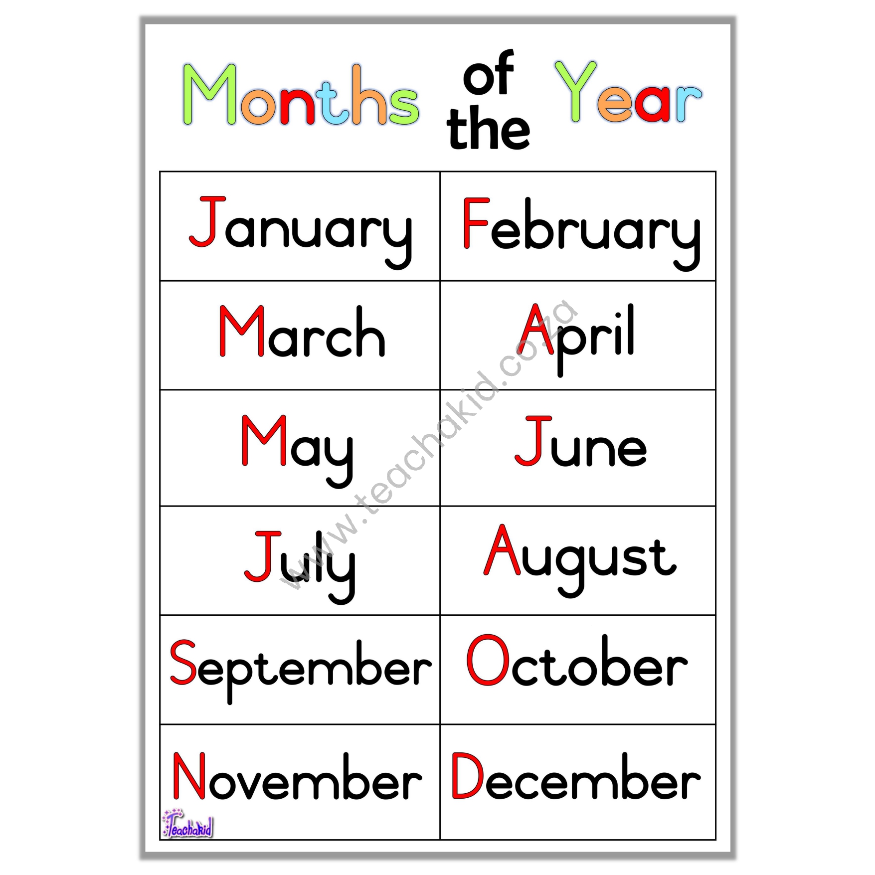 Months of the year – poster (printed)